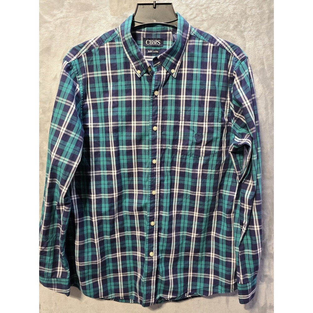 Chaps Easy Care Stretch Shirt Mens L Green Plaid Long Sleeve Button Down